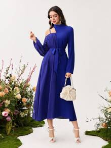 Modelyn Women's Solid Color Stand Collar Long Sleeve Front Tie Simple Casual Dress
