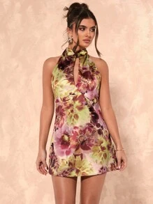SHEIN BAE 女士立领无袖花卉印花休闲短款连衣裙 - 彩色 - 查看 6