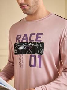 男士字母印花圆领长袖上衣和裤子家居服套装，休闲 - 粉色 - 查看 5