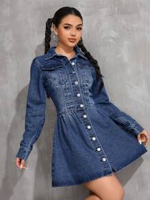 SHEIN PETITE Women's Long Sleeve Single-Breasted Casual Denim Dress - Blue - View 3