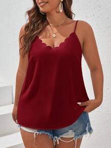 SHEIN Frenchy 大码女式纯色弧形下摆宽松吊带背心 - 紅色 - 查看 6