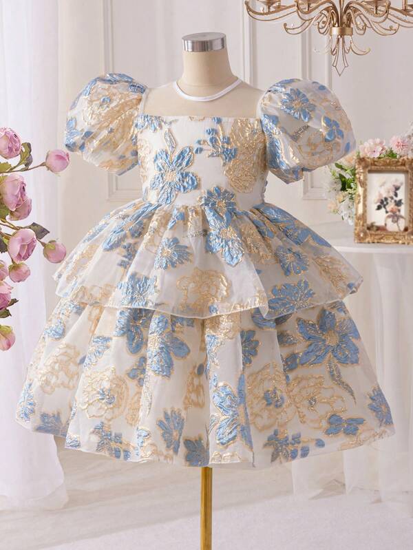 SHEIN Glamorique Kids Tween Girls Fashionable Jacquard Puff Sleeve Dress, Suitable For Daily Wear, Parties, And Gatherings, Showcasing Elegant And Graceful Style