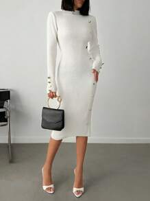 RueChic Mock Neck Button Front Sweater Dress Without Belt - White - View 3