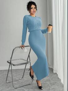 Calvaya Fashionable Fitted Crew Neck Long Sleeve Cable Knit Fishtail Hem Brown Sweater Dress For Women, Autumn/Winter