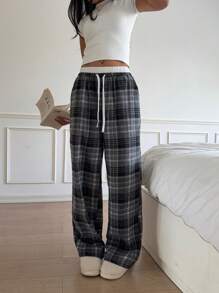 SHEIN EZwear Pantalones largos casuales de estilo sencillo con empalme y cordones en la parte delantera, para uso diario de mujer