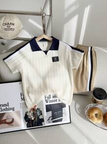 SHEIN 2pcs Young Boys Casual Sports Daily Comfortable Loose Polo Shirt & Shorts Set, Suitable For Travel, School, Sports, Casual Gatherings, Spring/Summer. Elegant Wedding Guest Pageboy Ring Bearer Outfit - White - View 4