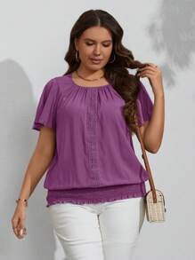 SHEIN LUNE Plus Size Women Floral Hem Elastic Cuff Short Sleeve Round Neck Blouse - Purple - View 3