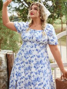 SHEIN VCAY Plus Size Floral Print Lantern Sleeve Square Neck Vacation Dress Sun Dresses Summer Outfits Beach Outfits For Woman Graduation Outfit Brunch Outfits For Women St Patrick Spring Break Rave Outfits Festival Elegant Vacation Outfits Woman Casau Western Cute Boho  Floral Beach Spring Clothes Brunch Outfits For Women Old Money Tropical Vacation Woman Clothes