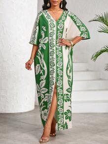 SHEIN Lady Women's V-Neck Short Sleeve Floral Print Patchwork Simple Ultra Long Dress - Green - View 5