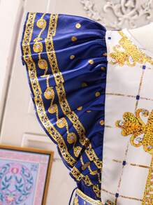Vestido de mangas cortas con volantes y estampado geométrico tradicional para niña preadolescente, para usar en fiestas, festivales o Ramadán