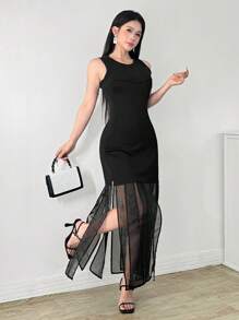 Modelyn Đầm đen hở vai cổ tròn thiết kế vá lỗi thanh lịch gợi cảm cho nữ - màu đen - Xem 6
