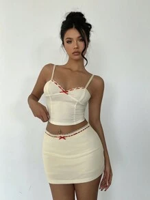 Aloruh Women's Bow Decoration Slim Camisole,Red And White Summer Cute Date Night Cropped Tops,Y2k Elegant Off The Shoulder Valentine's Day - Yellow - View 6