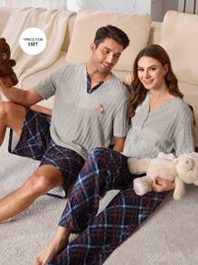 CoupledUp 2pcs Sleepwear Set For Men: Bear Embroidery V-Neck Short Sleeve Top And Plaid Shorts - Multicolor - View 4