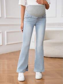SHEIN Quần jean bầu ống loe có túi, cạp điều chỉnh được, thích hợp cho mùa hè. - Rửa nhẹ - Xem 5