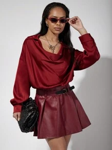 COSMINA Mini saia plissada vintage casual bordô feminina - Borgonha - Ver 3