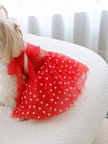 PETSIN 1 件宠物通用情人节红心亮片刺绣网眼蝴蝶结装饰连衣裙，华丽可爱的狗狗服装