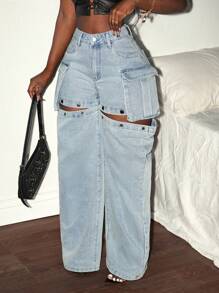 Slaydiva Quần jeans cargo nữ dáng rộng, chất liệu denim mài, có cúc rời điều chỉnh được. - Màu xanh lam - Xem 2