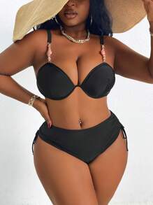 SHEIN Slayr CURVE Plus Size Women 2pcs Bikini Swimwear Set, Solid Color, Push Up Top, High Waisted Tie Strap Bottom, Fashionable And Sexy For Beach Resort, For Summer Vacation - Black - View 3