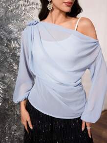 Modelyn Flowy Open Shoulder Chiffon Blouse, Minimalist Design For Women - Blue - View 1