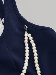 SHEIN MOD 女士拼色无袖休闲修身衬衫，适合休闲和度假 - 藏蓝色 - 查看 3