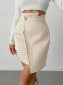 EURMUSE Tweed Buttoned Detailed Elegant Black Skirt - Beige - View 6