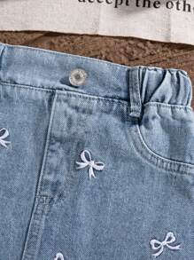 SHEIN Girls Young Girl Summer New Minimalist T-Shirt Leopard Print Bow Top + Denim Skirt + Embroidered Bow Shirt + Denim Crossbody Bag Casual Summer Outfit - Multicolor - View 3