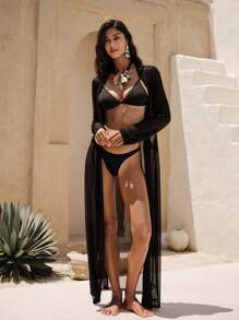 Anewsta Women's Solid Color Long Sleeve Maxi Length Kimono Cover Up, For Holiday, For Summer Beach Vacation - Black - View 3