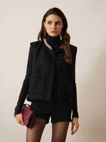 Aveloria Rosie Elegant Vintage Thickened Design Diamante & Pearl Embellished Round Neck Sleeveless Waisted Women Jacket Holiday Party Clothes    Old Money Style For Summer Spring Fall Autumn - Black - View 4