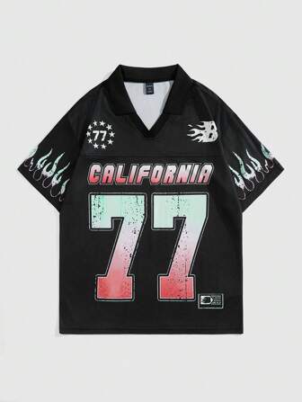 Prep Chemise polo décontractée à manches courtes col V avec imprimé lettres pour hommes