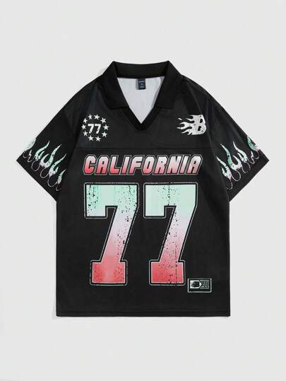 Prep Herren V-Ausschnitt Kurzarm Polo-Shirt mit Buchstaben-Muster, Lässig