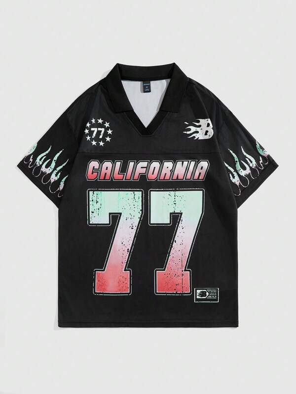 ROMWE MEN Men's Preppy Jersey Satin V-Neck Short Sleeve Letter Print Casual Polo Shirt