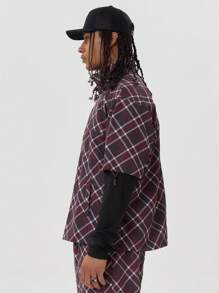 Musero High Neck Nylon Quarter Zip Checkered Double Layer Long Sleeve Top - Multicolor - View 2