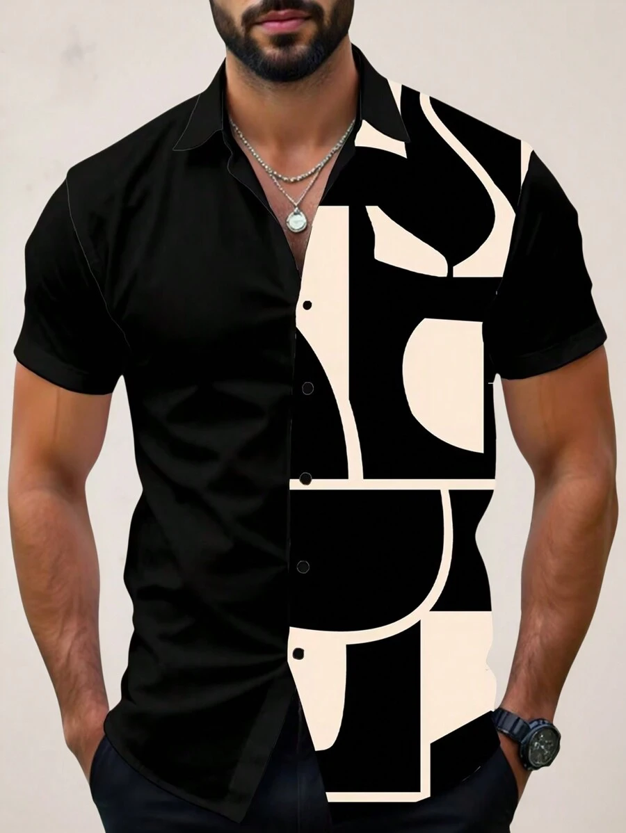 Manfinity Homme 男士时尚休闲拼布拼色几何全印花短袖纽扣衬衫，修身设计适合约会、聚会、送给男朋友的礼物 - 黑色 - 查看 1
