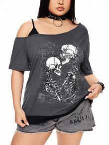 ROMWE Plus Size Women's Loose Fit Oblique Shoulder 2 In 1 Skull & Text Print Gothic Style T-Shirt - Grey - View 8