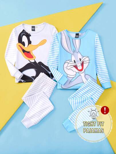 LOONEY TUNES X SHEIN Set de pijama de 2 piezas con parte superior de manga larga con cuello redondo y pantalones, estampado de gráficos de dibujos animados y rayado, de alta elasticidad, para niño, multicolor