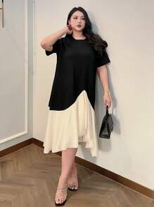 Dazy Petite Plus 加大码圆领宽松拼色中长连衣裙，黑色，春夏太阳裙，休闲女装 - 黑色 - 查看 5