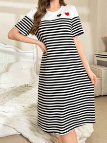 Women Short Sleeve Striped Heart Print Nightgown - Multicolor - View 3