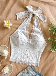 Soleia 女式白色纹理面料蕾丝边露背上衣，修身版型夏季假日 - 白色 - 查看 1