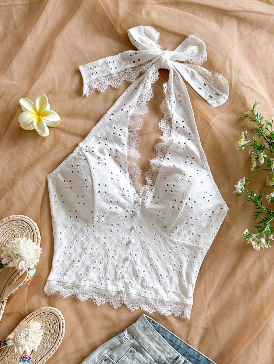 Soleia 女式白色纹理面料蕾丝边露背上衣，修身版型夏季假日 - 白色 - 查看 1
