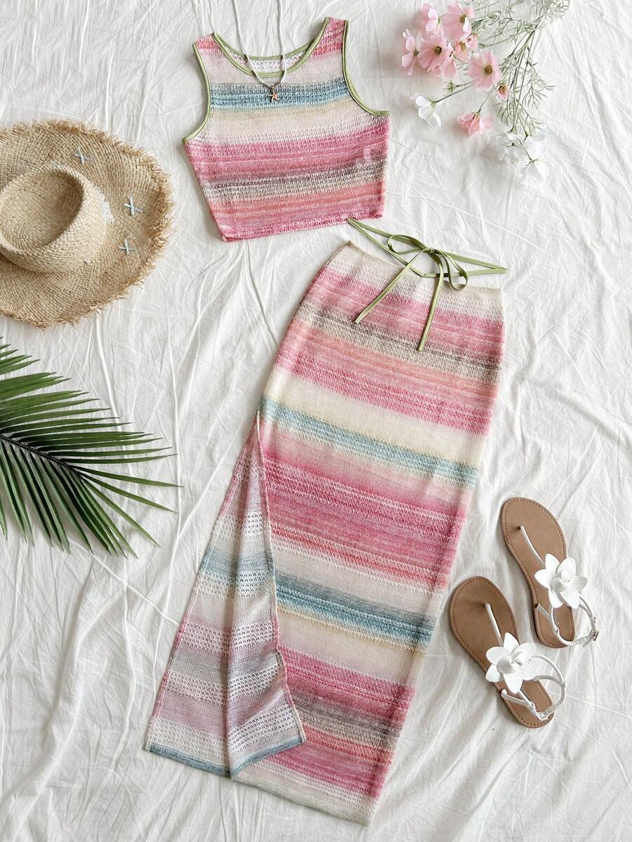 Soleia Set de 2 vestidos de punto a rayas tipo chaleco para mujeres, ropa de resort - Multicolor - Ver 1