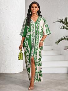 SHEIN Lady Women's V-Neck Short Sleeve Floral Print Patchwork Simple Ultra Long Dress - Green - View 8