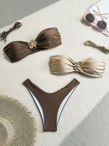 SHEIN Swim 女士春假纯色优雅度假可拆卸肩带高腰比基尼三件套 - 彩色 - 查看 1