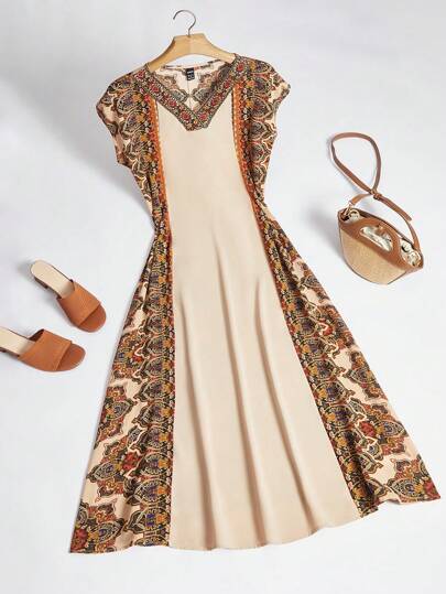 Al Najma Vestido casual de vacaciones con cuello en V y estampado de flores para mujer