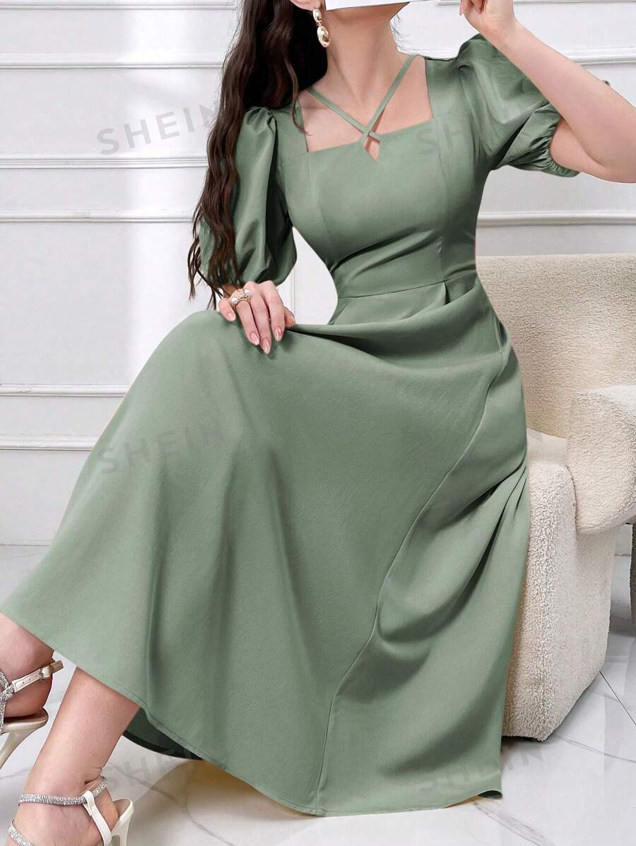 Modelyn Vestido corto, de manga corta, de unicolor, con diseño hueco y estilo casual árabe para mujer