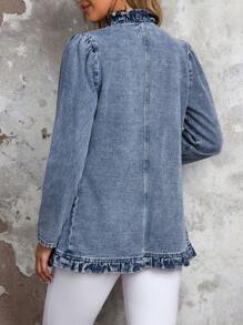 EMERY ROSE 女士长袖荷叶边双排扣牛仔外套，秋季 - 淺色水洗藍 - 查看 2