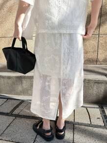 FRIFUL Set de 2 piezas con chaqueta y falda para mujer con bordado y calado - Blanco - Ver 4