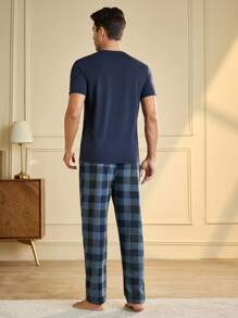 2 件套男士纯色短袖格子裤睡衣套装，家居服