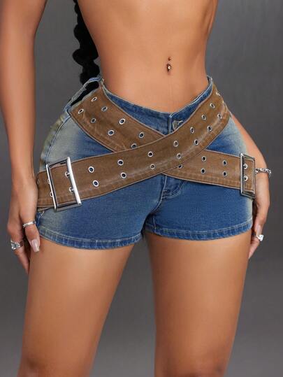 SHEIN ICON Quần short denim thắt chéo eo giặt cho nữ
