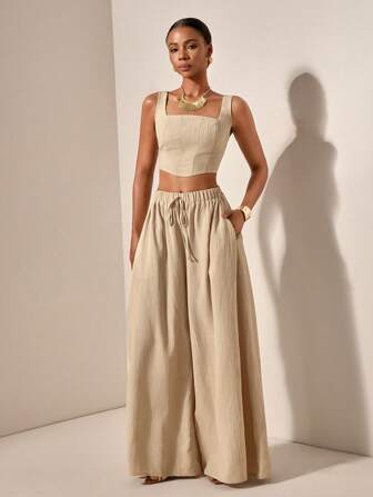 Zivah 2025New Spring/Summer Vacation Casual Fishbone Strap Top & Wide Leg Pants With Pockets 2 Pieces Set, Textured Fabric Material - B