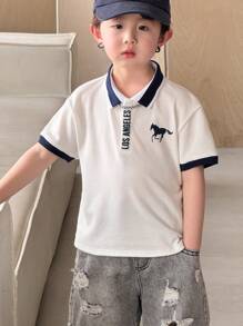 SHEIN 1 Pc Young Boy Casual Comfortable, Versatile Loose Fit Polo Shirt With Letter Print, Soft & Breathable, Suitable For Spring & Summer